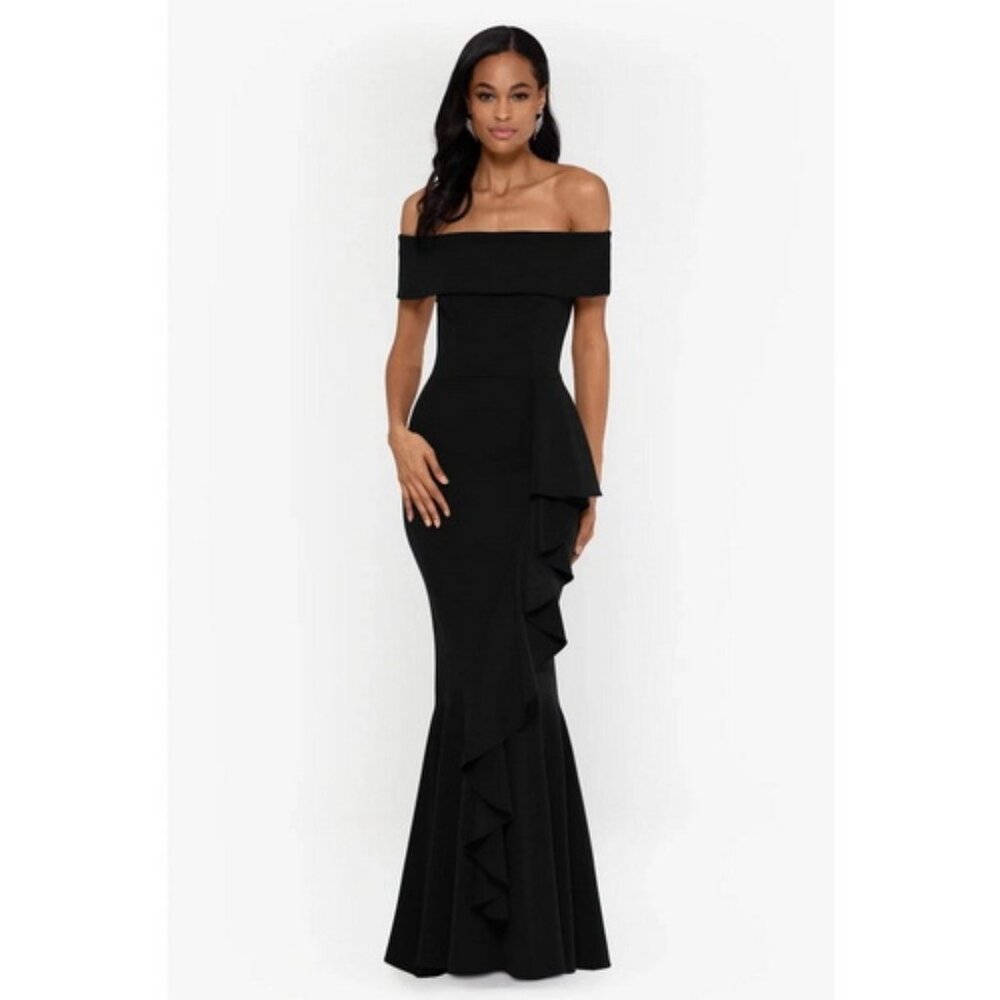 Betsy & Adam Black Off the Shoulder Crepe Ruffle Gown